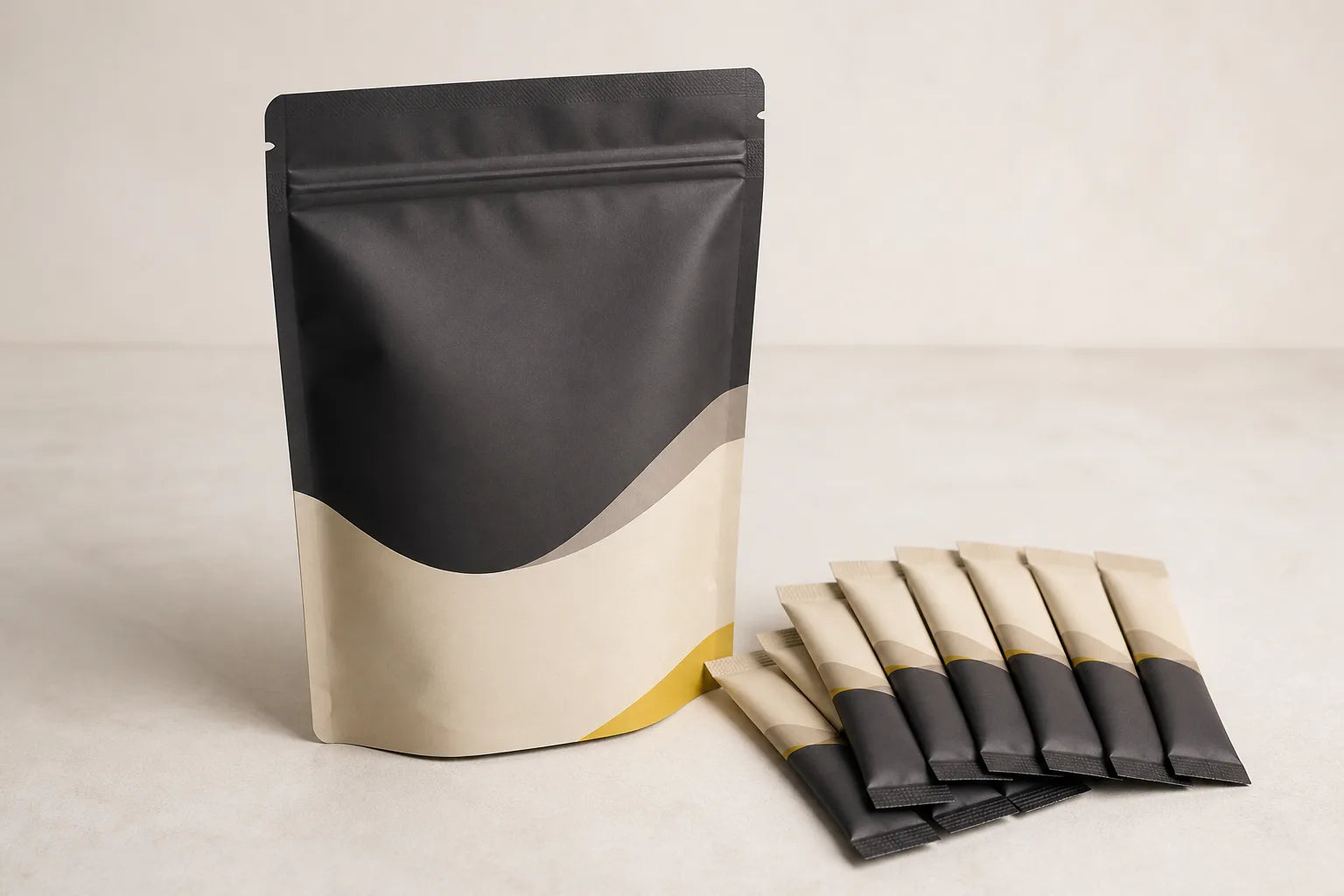 Unbranded soft-touch stand-up pouch with single-serve stick packs