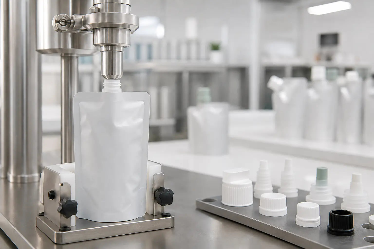 Single-spout pouch positioned beneath a filling nozzle during compatibility validation